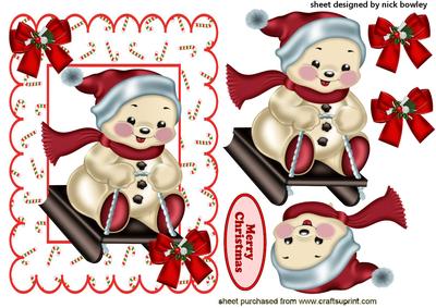 Snowman on a Sledge in Candy Cane Frame