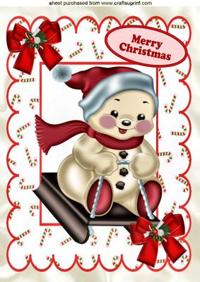 Snowman on a Sledge in Candy Cane Frame A4
