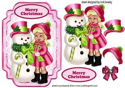 Snowman with Little Girl Dressed in Pink
