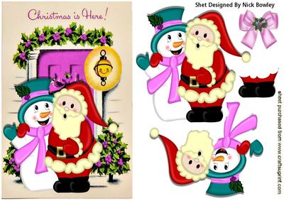 Santa and Happy Snowman with Pink Front Door