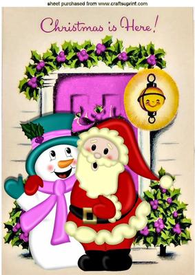 Santa and Happy Snowman with Pink Front Door A4