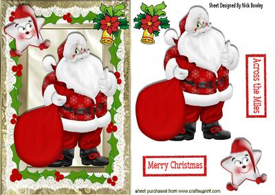 Jolly Santa with His Sack of Presents in Holly Frame