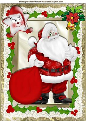 Jolly Santa with His Sack of Presents in Holly Frame A4