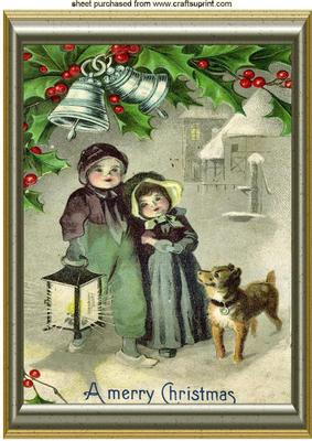 Vintage Children with Little Dog in the Snow A4