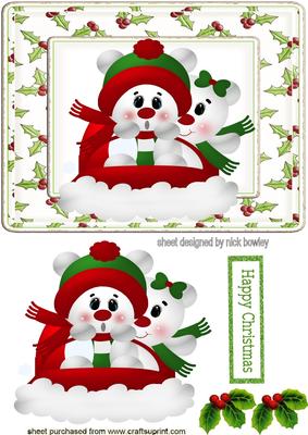 Cute Bears on a Bobsleigh in Holly and Berry Frame