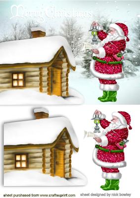 Lovely Santa with Snow Covered Cottage