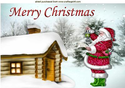 Santa in the Snow with Snow Covered Cottage A4
