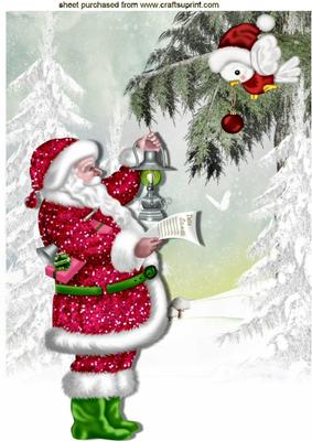Santa and Little Robin in Snow Scene A4