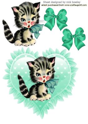 Cute Kitten on Mint Green Large Frill Heart with Bows