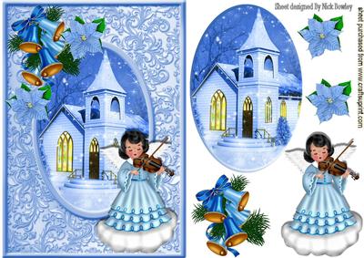 Christmas Scene with Angel, Bells and Pretty Church
