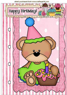 Birthday Teddy with Cupcake on a Scrapbook Page A4