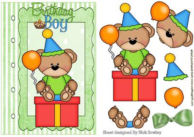 Birthday Boy! Cute Teddy with Balloon on Scrapbook Page