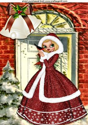 Lovely Vintage Girl by Her Front Door with Little Robin A4