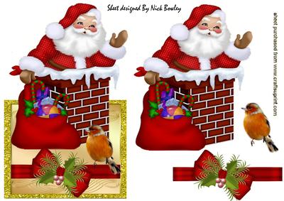 Lovely Santa in Chimney with Robin Over the Edge