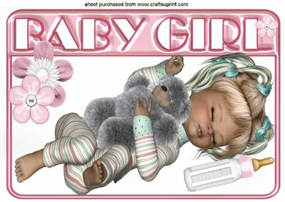Sleeping Baby Girl with Her Teddy & Bottle A4