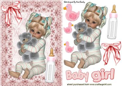 Cute Baby Girl Sitting with Her Cuddly Toy and Bottle
