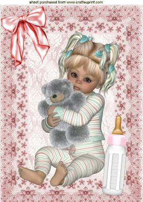 Cute Baby Girl Sitting with Her Cuddly Toy and Bottle A4