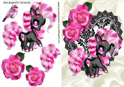 Cute Pink Fantasy Pony with Roses on Lace Heart
