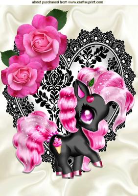 Cute Pink Fantasy Pony with Roses on Lace Heart A4