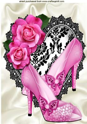 Pretty Pink Sparkle Shoes on Black Lace Heart A4