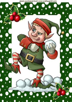 Naughty Santas Elf Throwing Snowballs with Holly A4