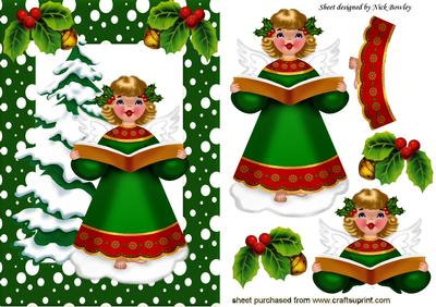 Christmas Tree in Snow with Carol Singing Angel
