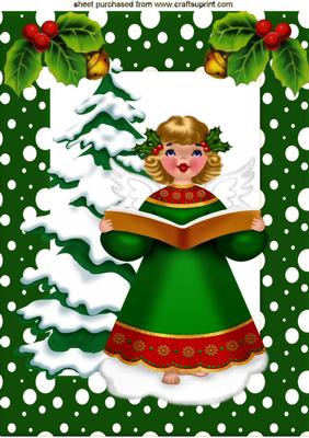 Christmas Tree in Snow with Carol Singing Angel A4