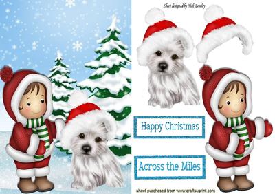 Small Child with Westie in Santa Hat in the Snow