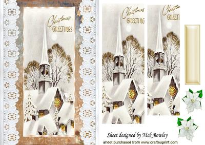 Lovely Church Scene with Snow on Lace Pyramids