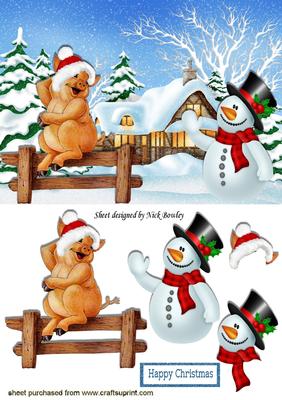 Snowman with Little Pig in Santa Hat