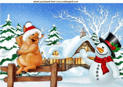 Snowman with Little Pig in Santa Hat A4