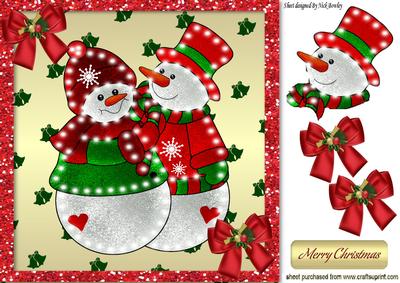 Lovely Illuminated Snowman Couple with Bows 8x8
