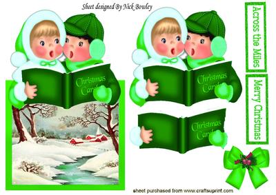 Carol Singers with Snow Scene of a Church in Green Frame