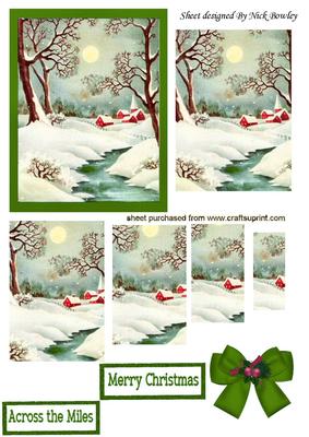 Snow Scene of Cottages in Green Frame Pyramids