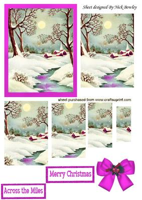 Snow Scene of Cottages in Pink Frame Pyramids