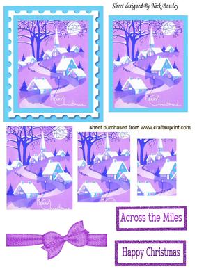 Pretty Lilac/turq Snow Scene of Church & Cottages Pyramidss
