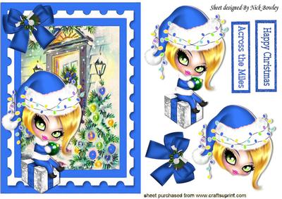 Cute Girl in Blue Santa Hat Sitting on a Present