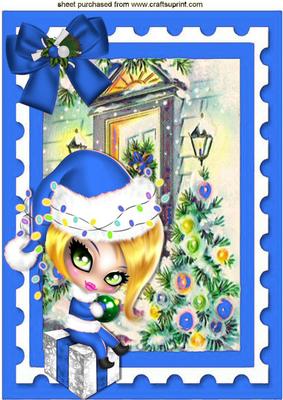 Cute Girl in Blue Sitting on Chrismas Present A4