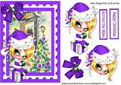 Cute Girl in Purple Santa Hat Sitting on a Present