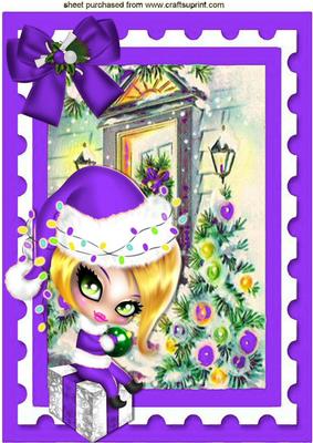 Cute Girl in Purple Santa Hat Sitting on Present A4
