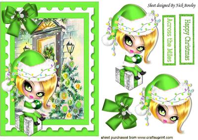 Cute Girl in Green Santa Hat Sitting on Chrismas Present
