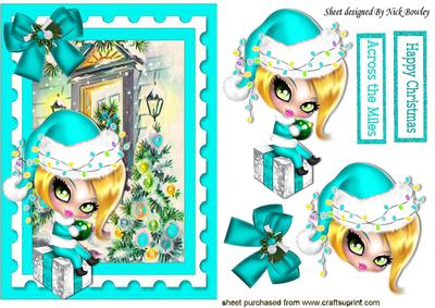 Cute Girl in Turq Santa Hat Sitting on a Present