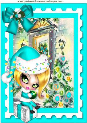 Cute Girl in Turq Santa Hat Sitting on a Present A4
