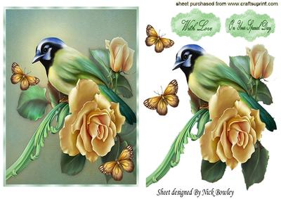 Pretty Bird with Cream Roses and Butterflies