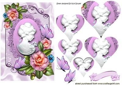 Pretty Cameo Lady with Roses and Butterflies Heart Pyramids