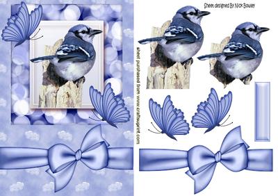 Pretty Blue Jay, with Butterflies and Bow