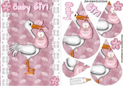 Stork Carrying Sweet Baby Girl, Teardrop Pyramids
