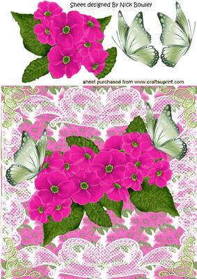 Pretty Pink Flowers with Butterflies and Lace 8x8