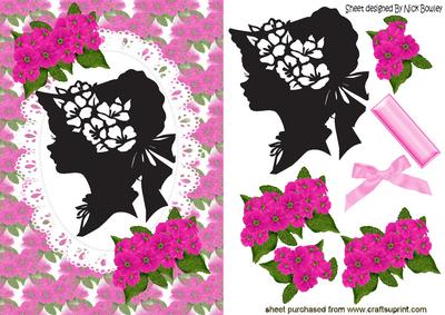 Silhouette of Vintage Lady with Pink Flowers