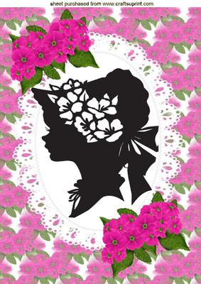 Silhouette of Vintage Lady with Pink Flowers on Lace A4